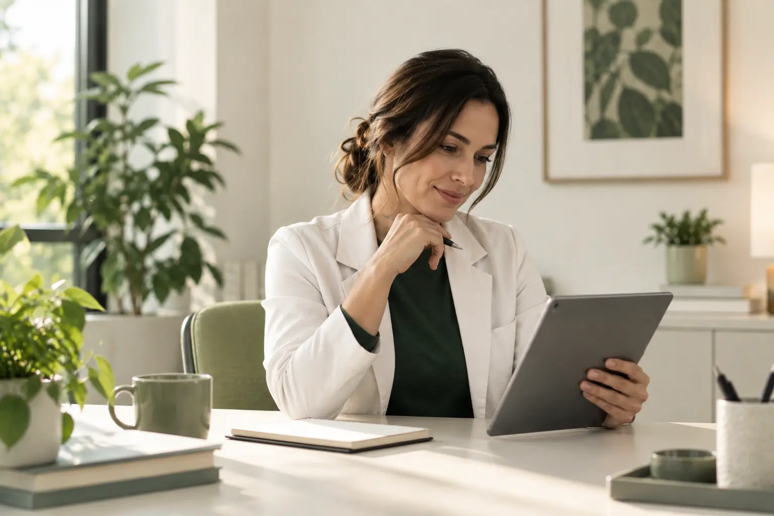 Qualification checklist card, pen, and a glass of water on a cream surface
