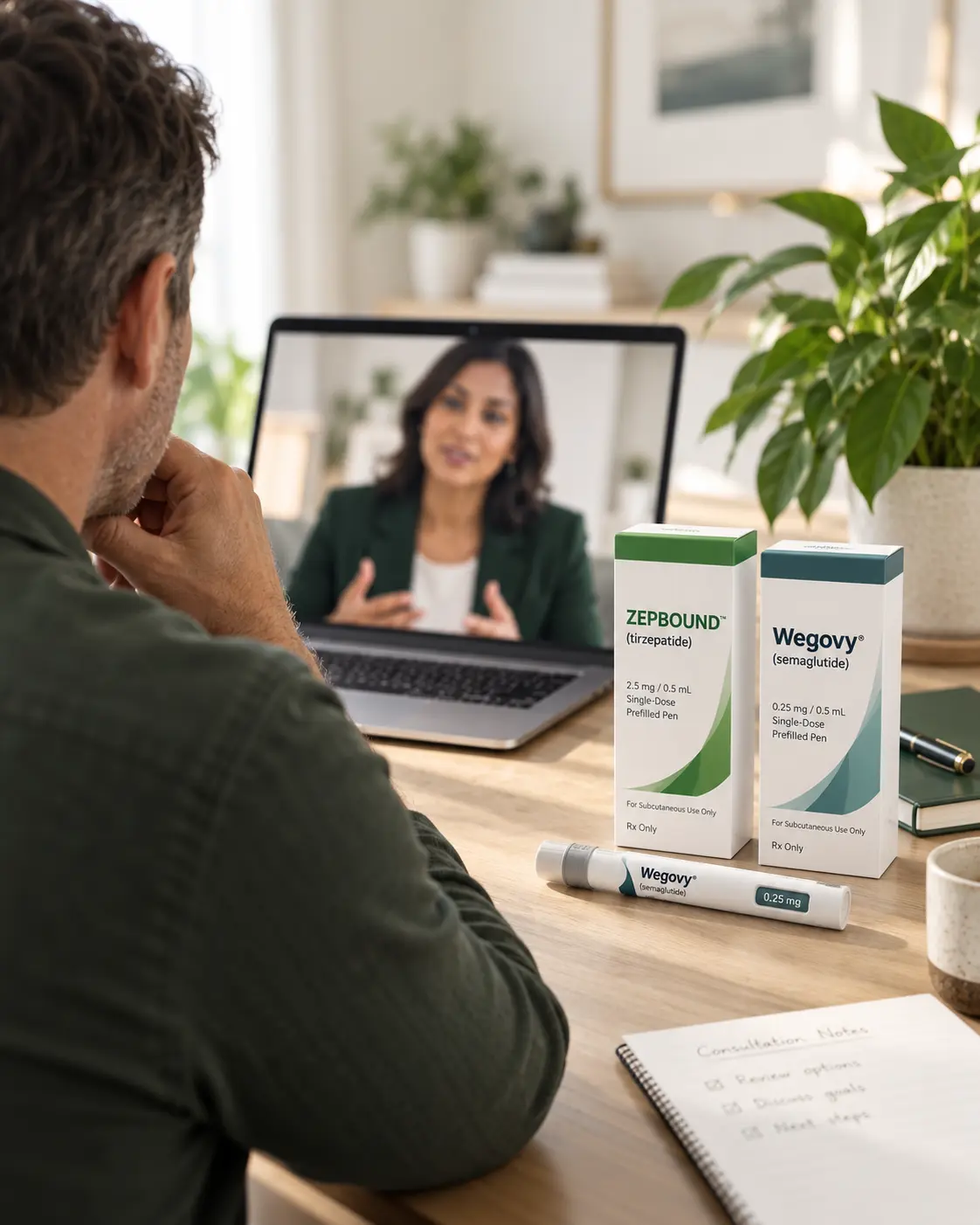 A same-day video consult with branded GLP-1 cartons on the desk