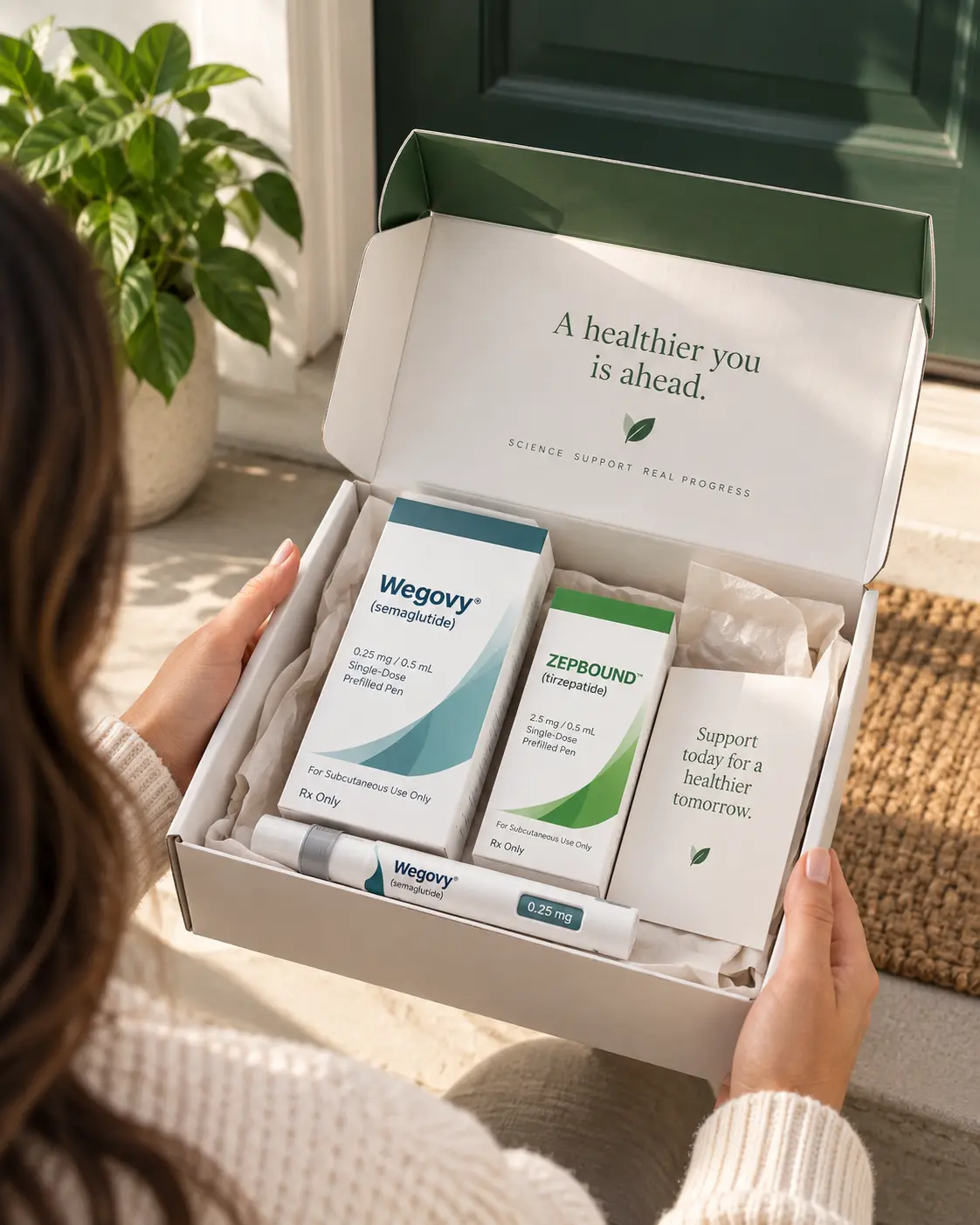 A discreet pharmacy mailer opened on a doorstep, Wegovy carton inside