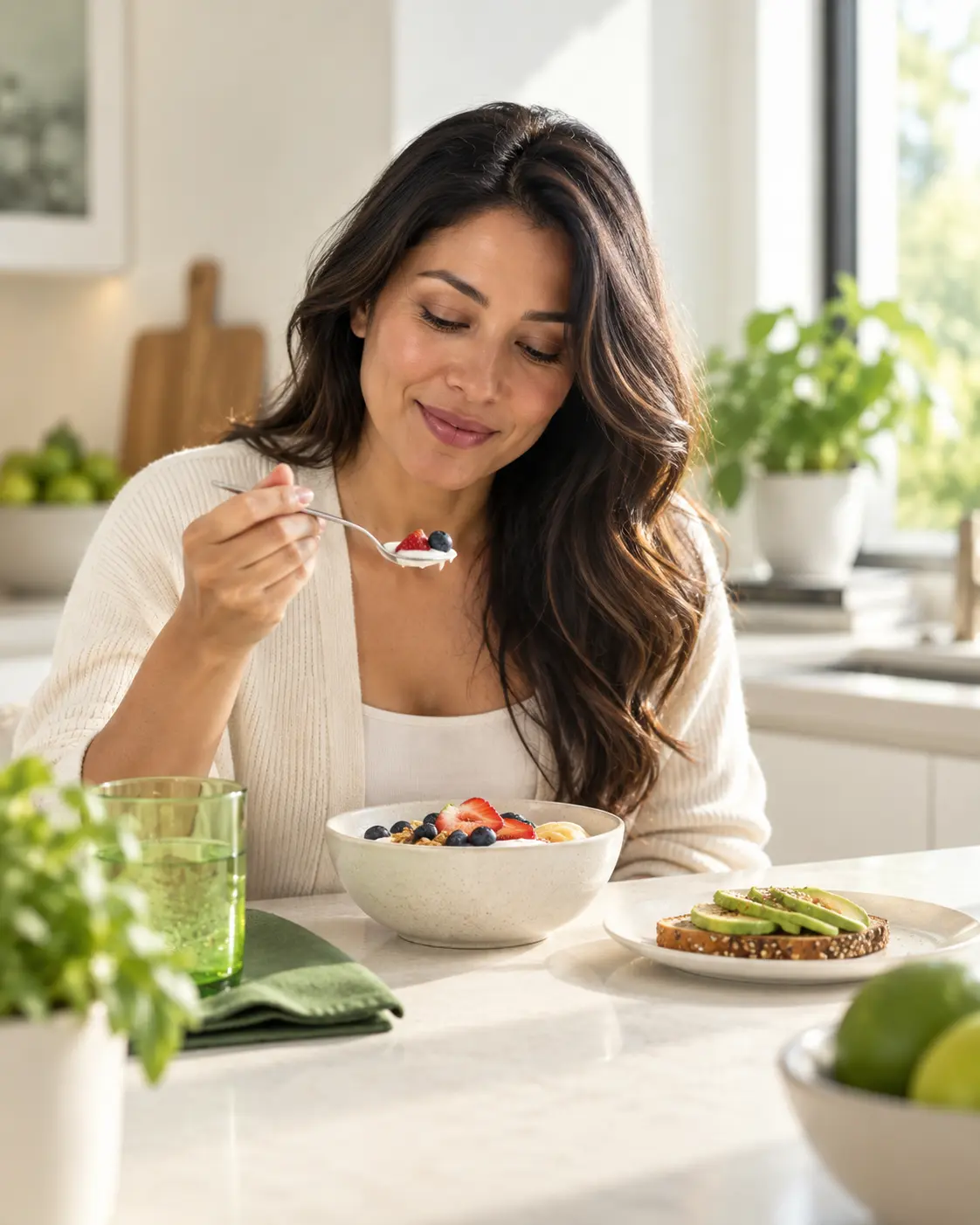 A patient eating a calm breakfast — appetite supported, not restricted